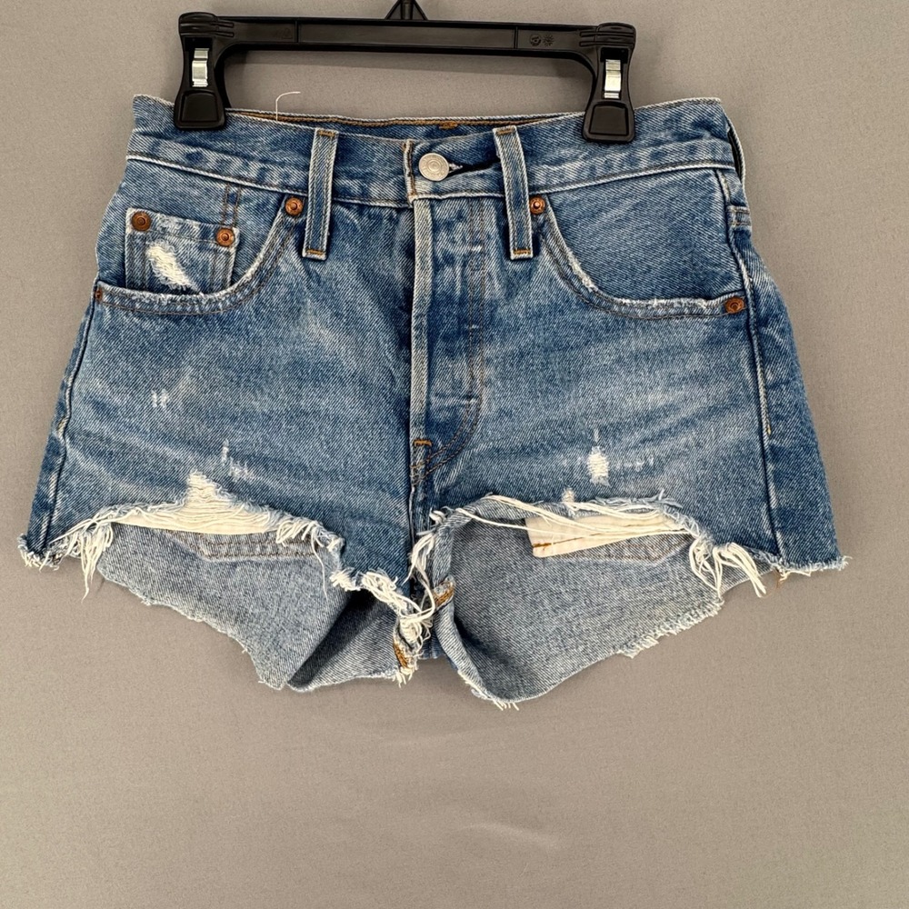 Levis Premium 501 Original High Rise Distressed Denim Shorts Medium Wash W23